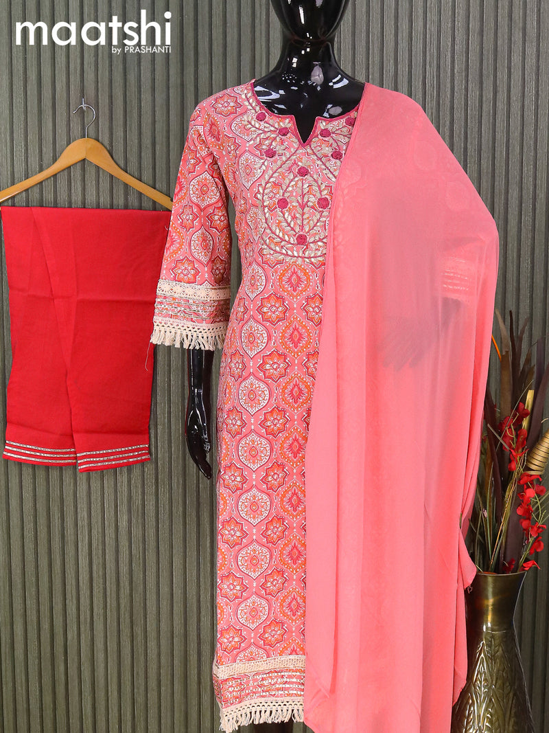 Cotton readymade salwar suits peach pink pink with allover ajrakh prints & embroidery work neck pattern and straight cut pant & printed dupatta