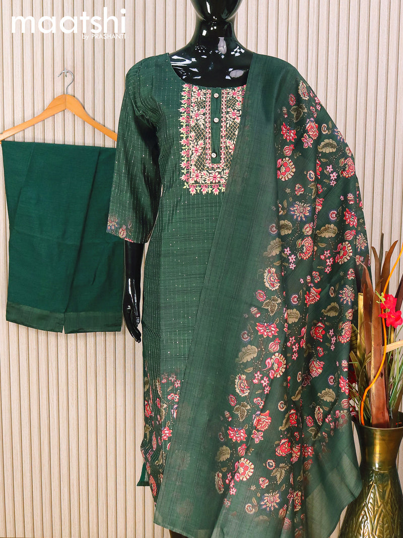 Chanderi readymade salwar suits bottle green with allover sequin work & embroidery work neck pattern and straight cut pant & printed dupatta