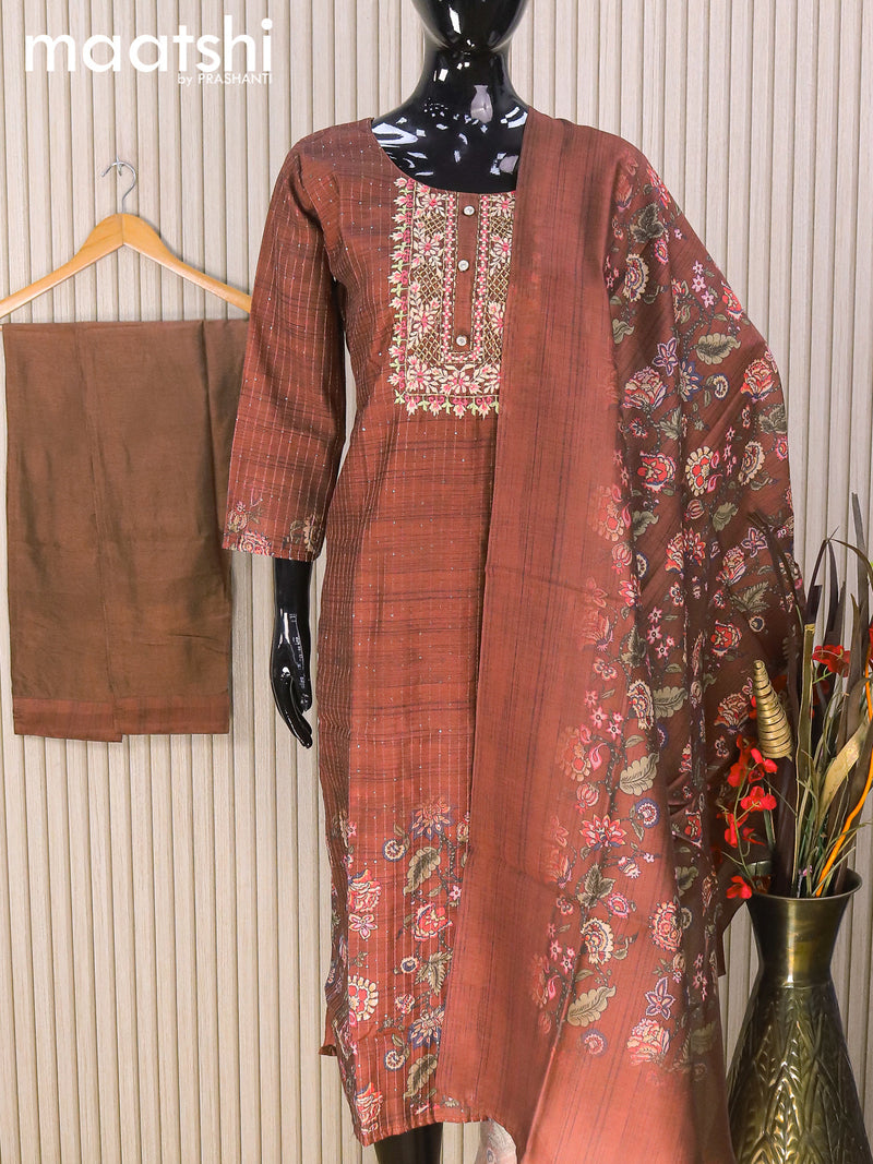 Chanderi readymade salwar suits brown with allover sequin work & embroidery work neck pattern and straight cut pant & printed dupatta