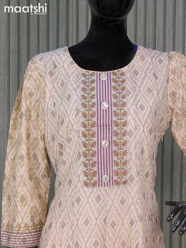 Chanderi readymade anarkali salwar suits cream grey with allover ikat prints & stone work neck pattern and straight cut pant & printed dupatta