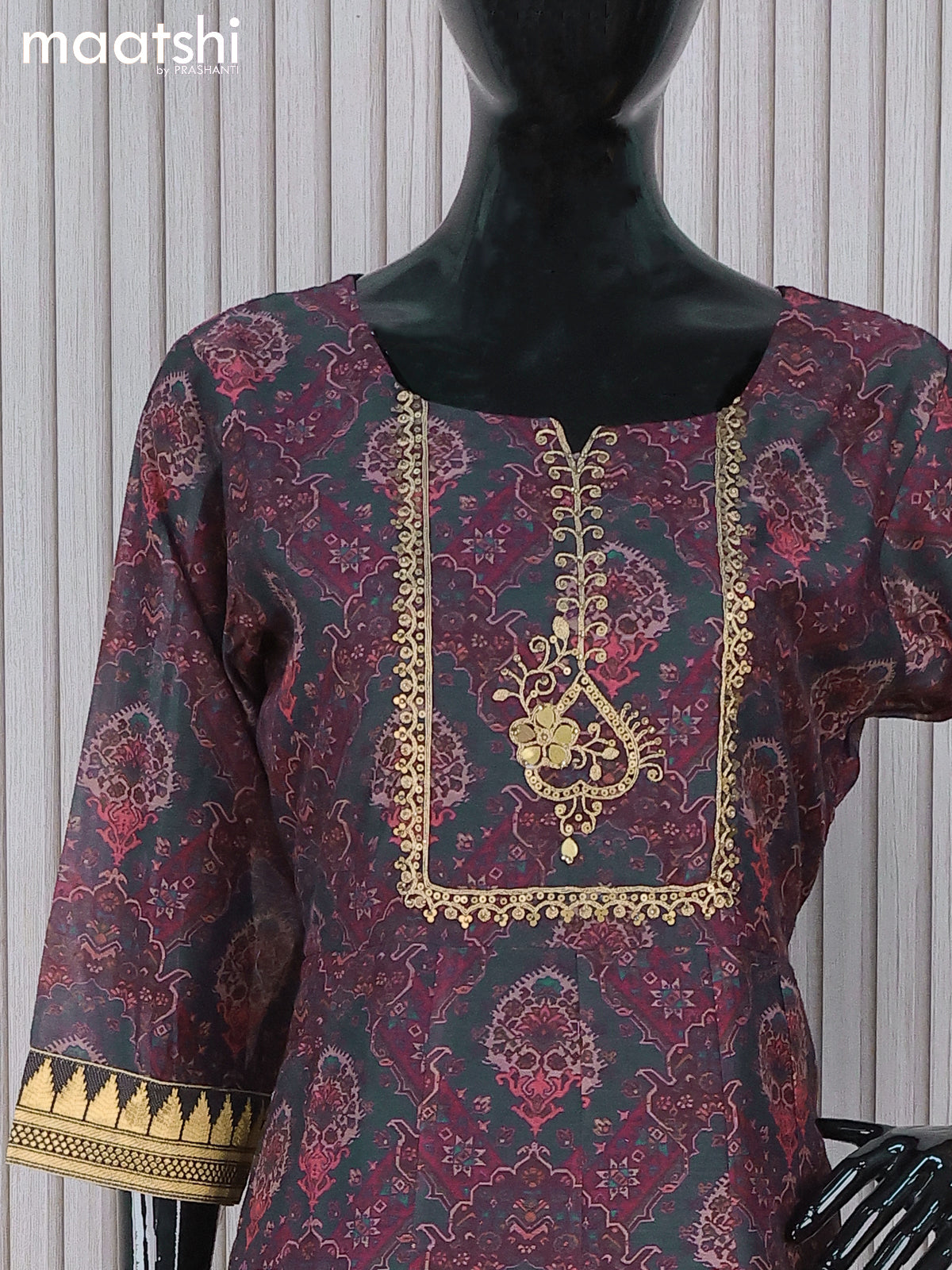 Chanderi readymade anarkali salwar suits elephant grey and with allover prints & sequin work neck pattern and straight cut pant & dupatta