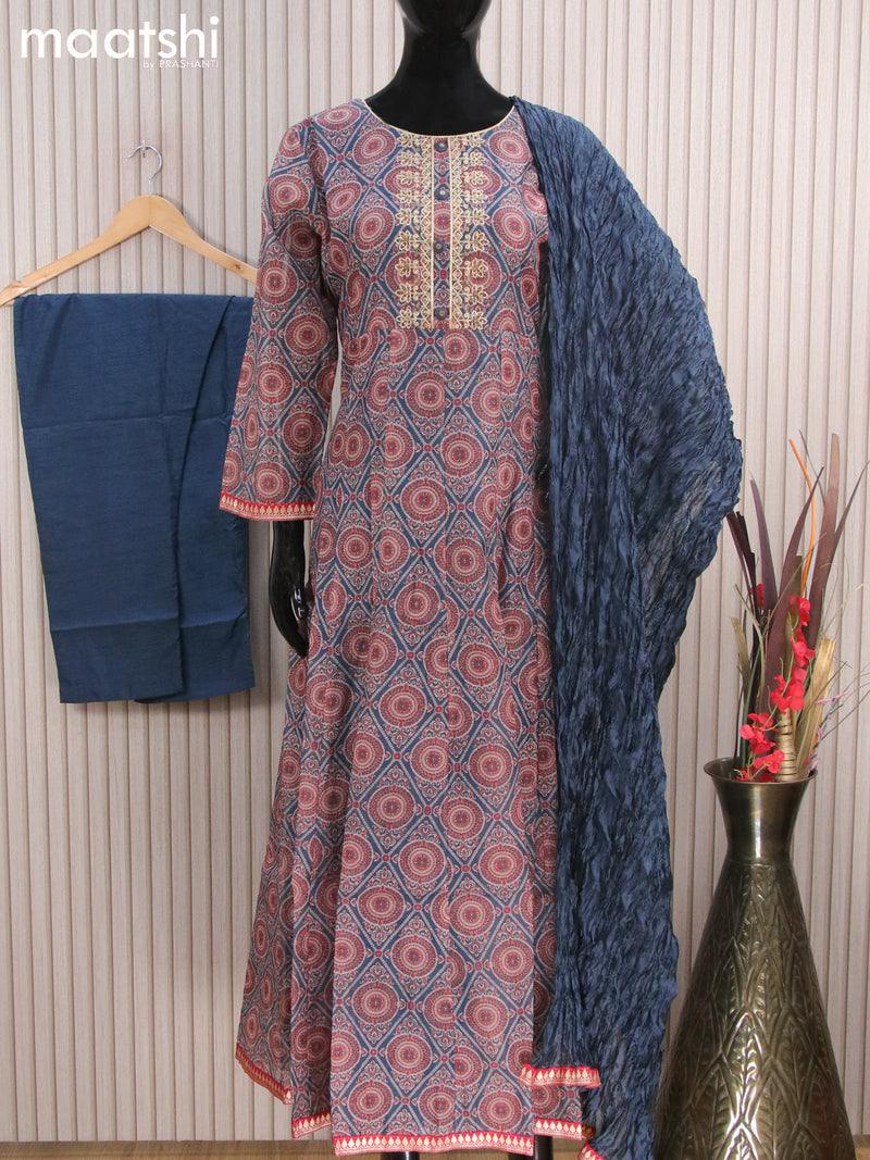 Chanderi readymade anarkali salwar suits greyish blue and peacock blue shade with allover prints & sequin work neck pattern and straight cut pant & dupatta
