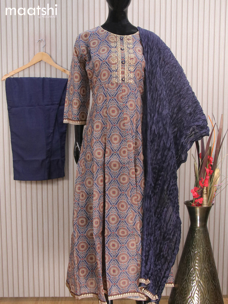 Chanderi readymade anarkali salwar suits grey and navy blue with allover prints & sequin work neck pattern and straight cut pant & dupatta