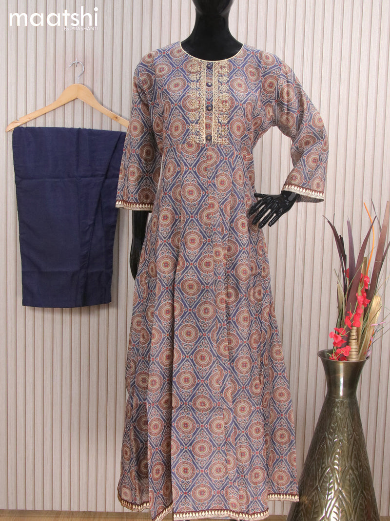 Chanderi readymade anarkali salwar suits grey and navy blue with allover prints & sequin work neck pattern and straight cut pant & dupatta