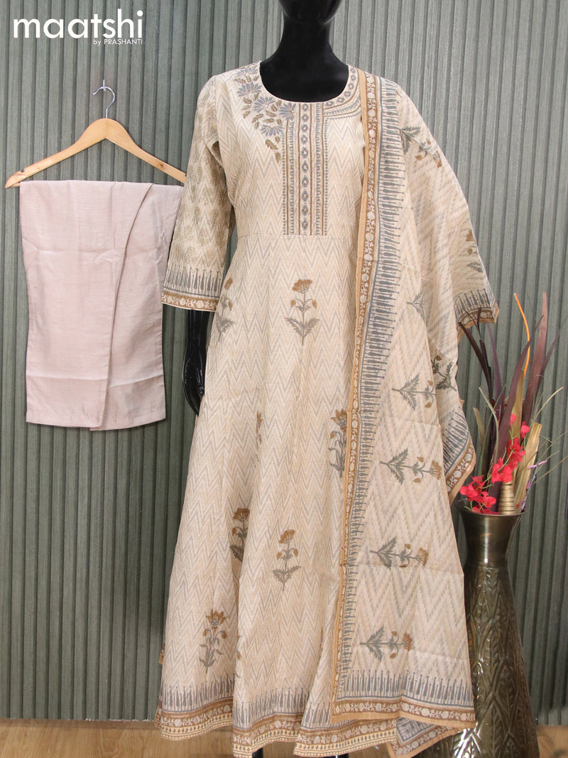 Chanderi readymade anarkali salwar suits beige with allover ikat zig zag prints & stone work neck pattern and straight cut pant & printed dupatta