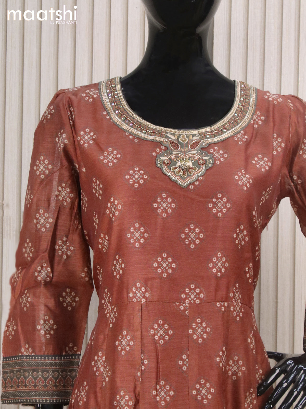 Chanderi readymade anarkali salwar suits rust shade with allover bandhani prints & beaded sequin work neck pattern and straight cut pant & printed dupatta