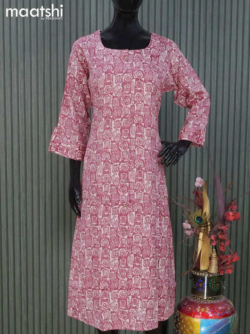 Rayon readymade A -line kurti pink shade with allover prints and without pant