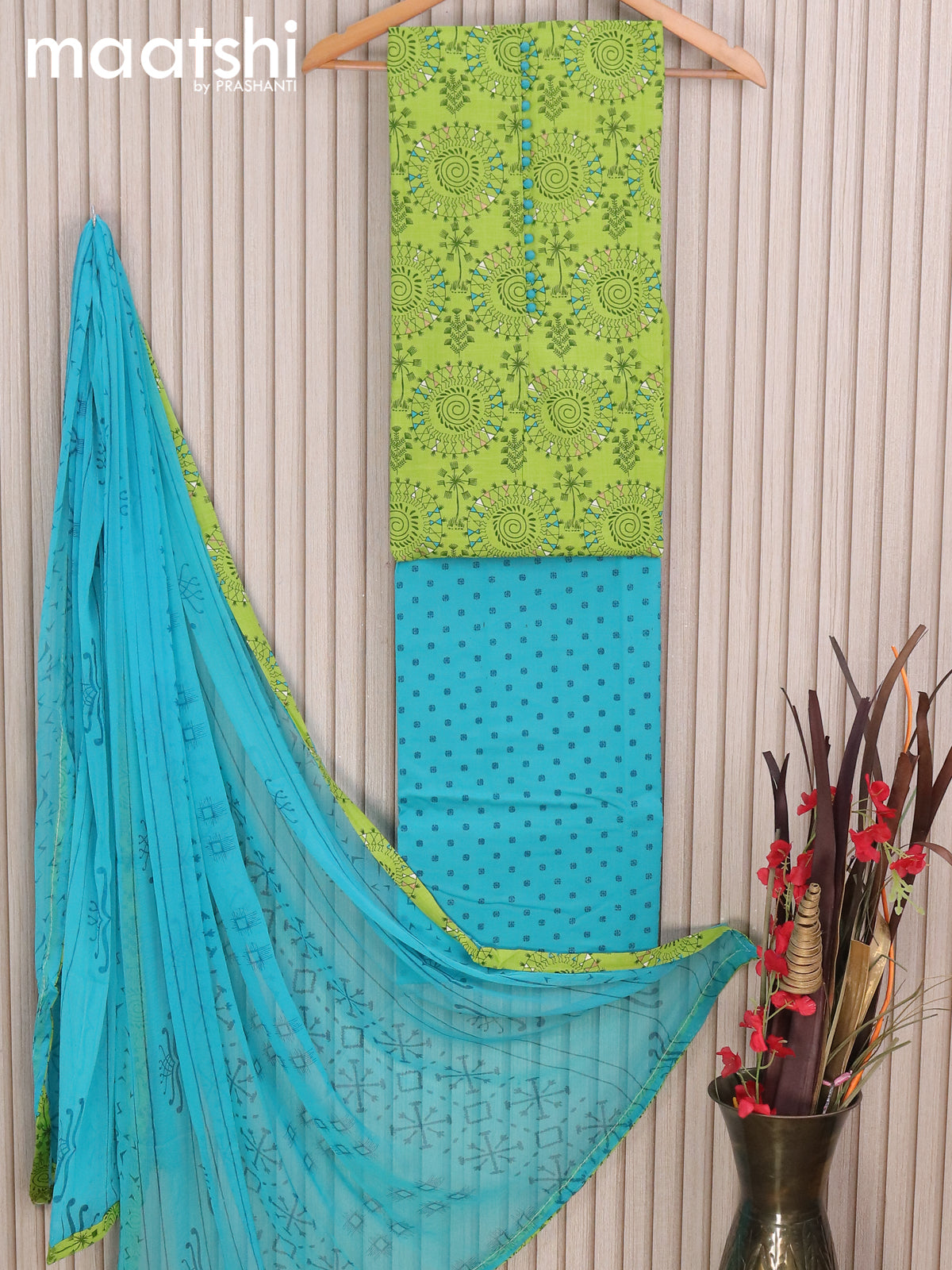 Cotton dress material light green and light blue with allover prints & simple neck pattern and bottom & chiffon dupatta