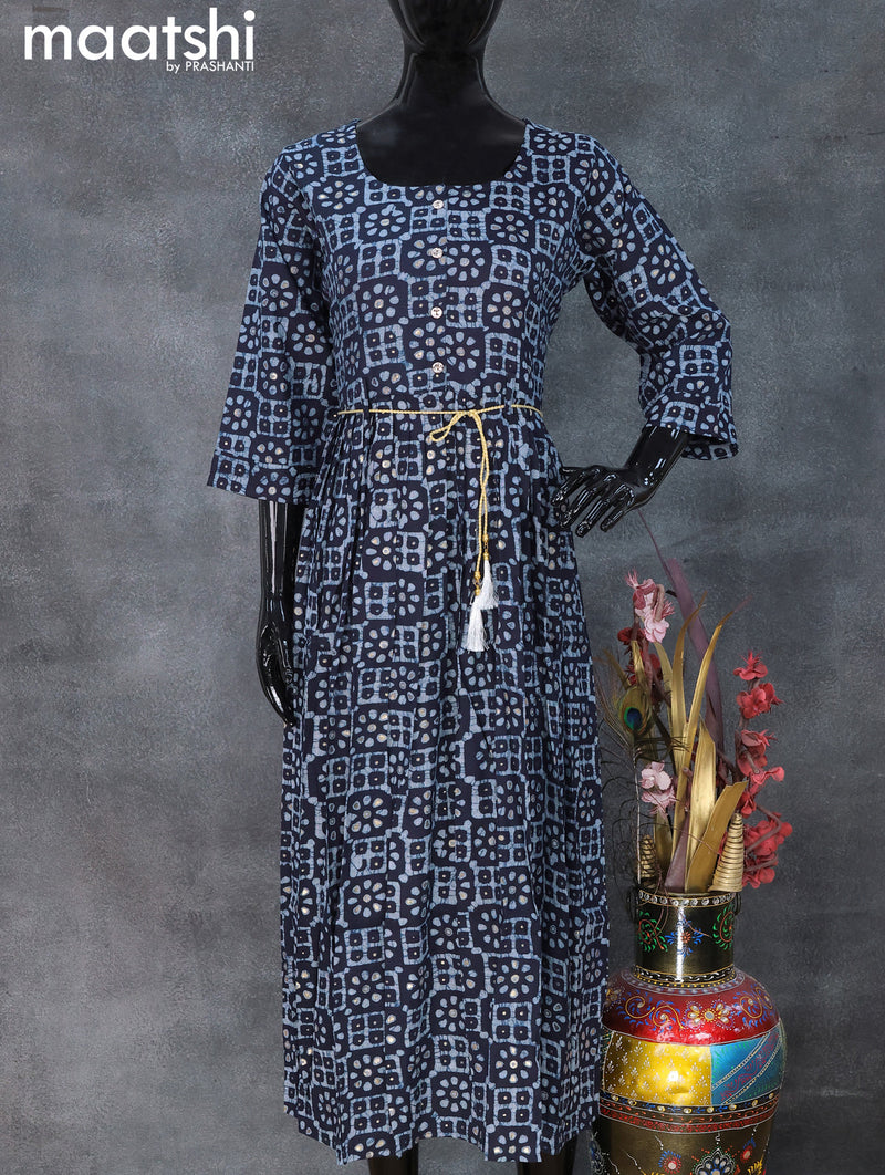 Rayon readymade umbrella kurti navy blue with allover batik prints & simple neck pattern and without pant
