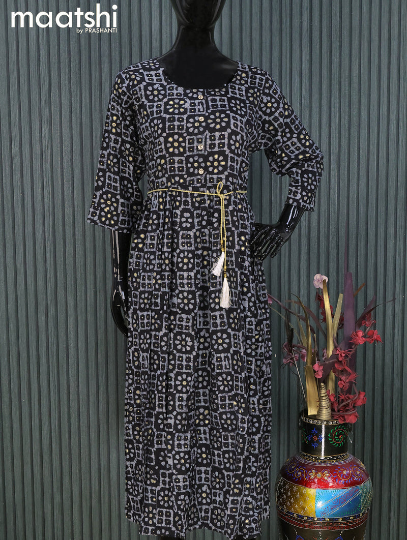 Rayon readymade umbrella kurti black with allover batik prints & simple neck pattern and without pant