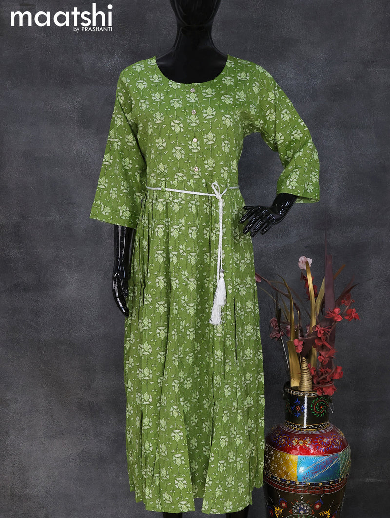Rayon readymade umbrella kurti green with allover prints & simple neck pattern and without pant