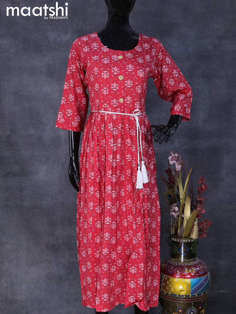 Rayon readymade umbrella kurti red shade with allover prints & simple neck pattern and without pant