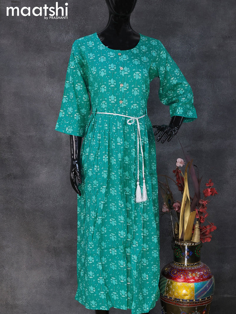 Rayon readymade umbrella kurti teal blue shade with allover prints & simple neck pattern and without pant