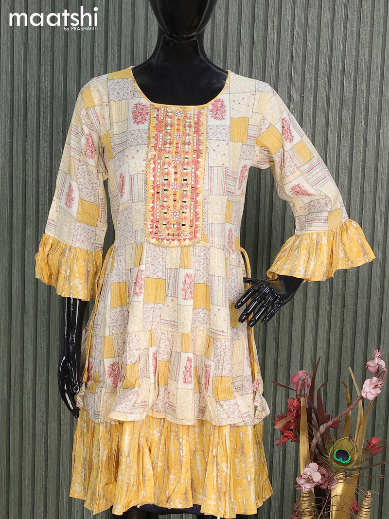 Rayon readymade short umbrella kurti cream and yellow with allover prints & mirror embroidery work neck pattern and without pant
