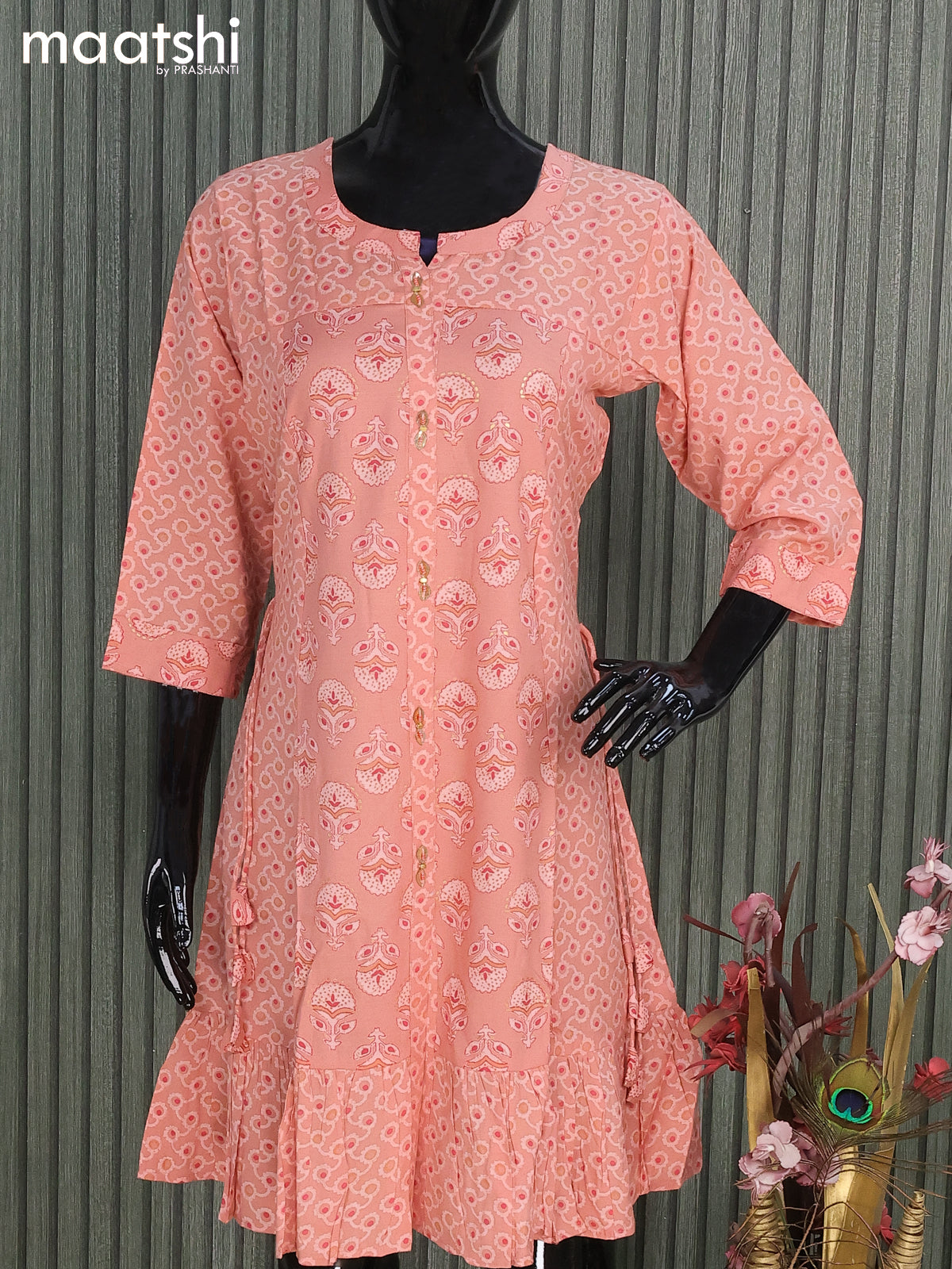 Soft cotton readymade short umbrella kurti pastel peach and with allov