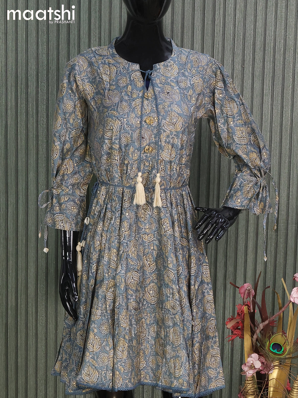 Modal readymade short umbrella kurti grey and with allover prints & mirror embroidery neck pattern and without pant