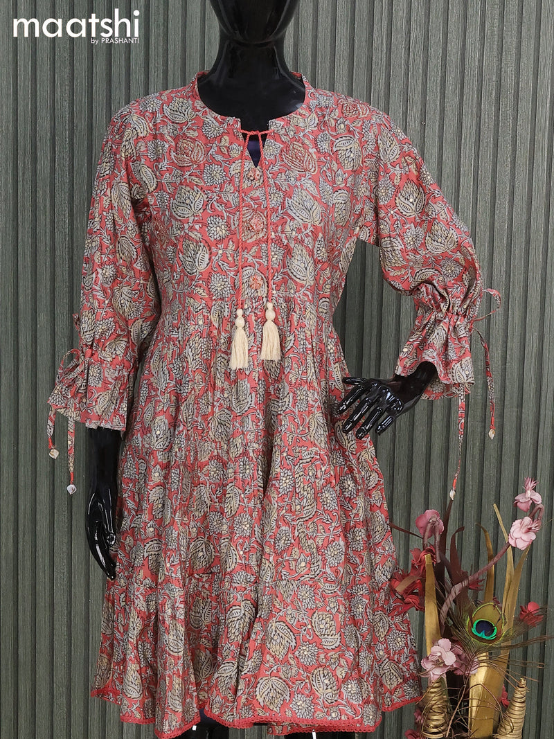 Modal readymade short umbrella kurti peach shade and with allover prints & mirror embroidery neck pattern and without pant