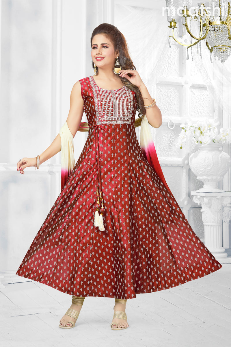 Raw silk readymade anarkali salwar suits maroon and cream with allover prints & sequin work neck pattern and straight cut pant & chiffon dupatta- Sleeve attached