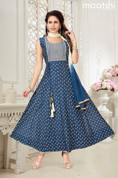 Raw silk readymade anarkali salwar suits dark blue and cream with allover prints & sequin work neck pattern and straight cut pant & chiffon dupatta- Sleeve attached