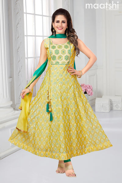 Raw silk readymade anarkali salwar suits pale yellow and teal green with allover prints & sequin work neck pattern and straight cut pant & chiffon dupatta- Sleeve attached