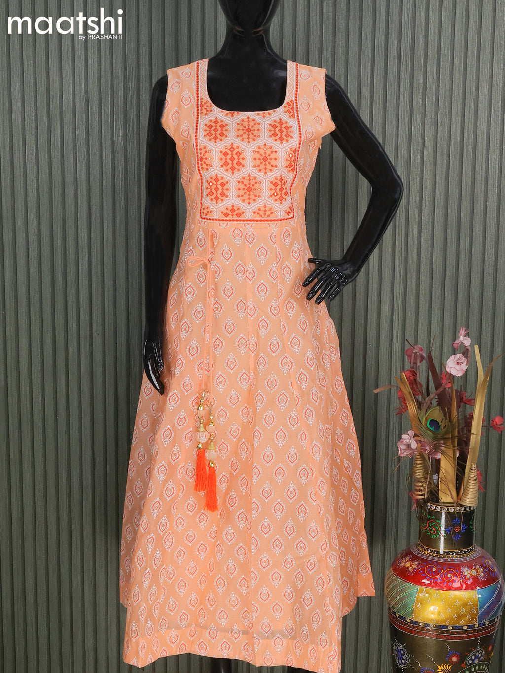 Raw silk readymade anarkali salwar suits pale orange and dark orange with allover prints & sequin work neck pattern and straight cut pant & chiffon dupatta- Sleeve attached