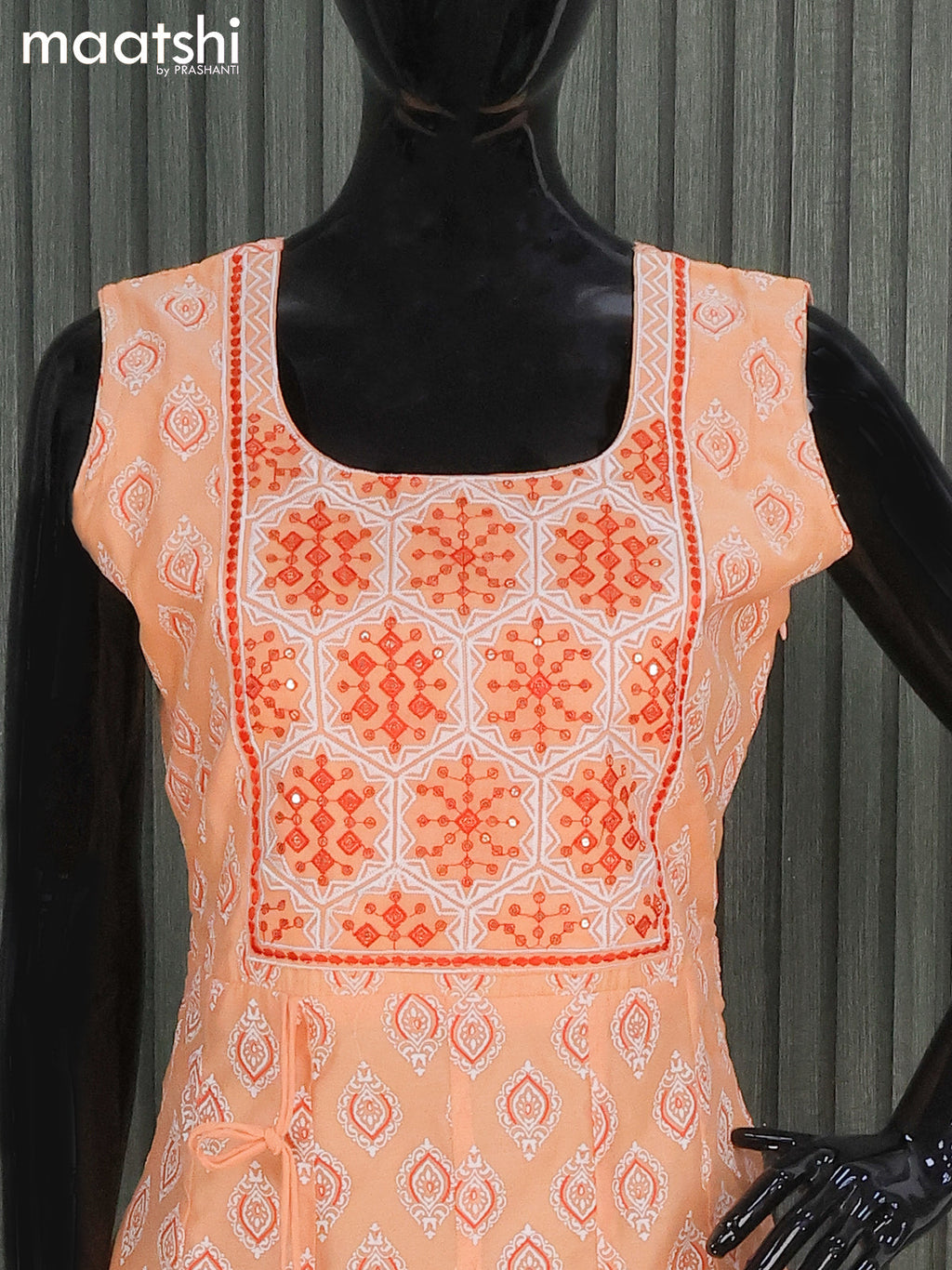 Raw silk readymade anarkali salwar suits pale orange and dark orange with allover prints & sequin work neck pattern and straight cut pant & chiffon dupatta- Sleeve attached