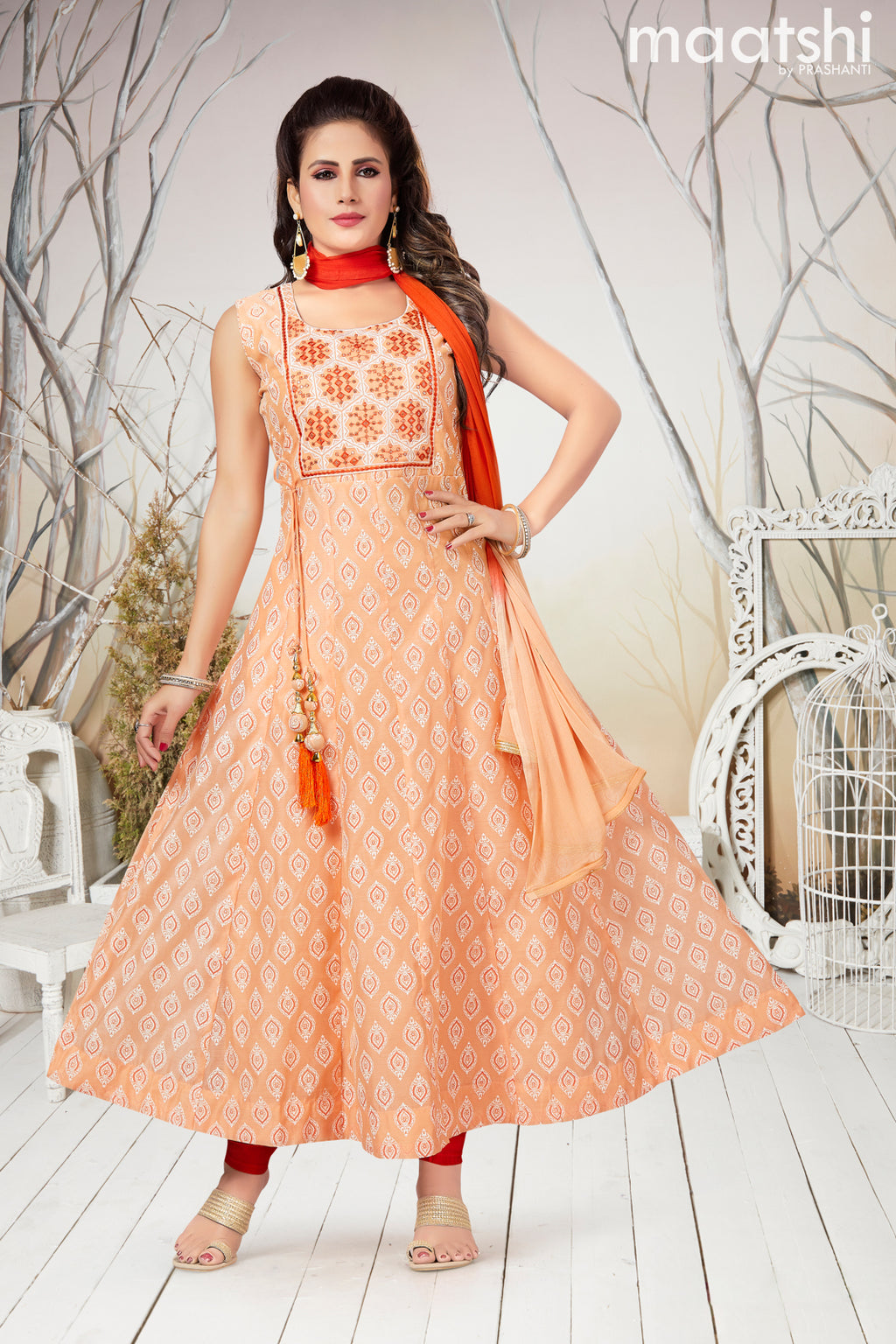 Raw silk readymade anarkali salwar suits pale orange and dark orange with allover prints & sequin work neck pattern and straight cut pant & chiffon dupatta- Sleeve attached