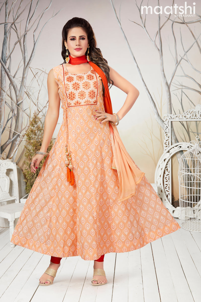 Raw silk readymade anarkali salwar suits pale orange and dark orange with allover prints & sequin work neck pattern and straight cut pant & chiffon dupatta- Sleeve attached