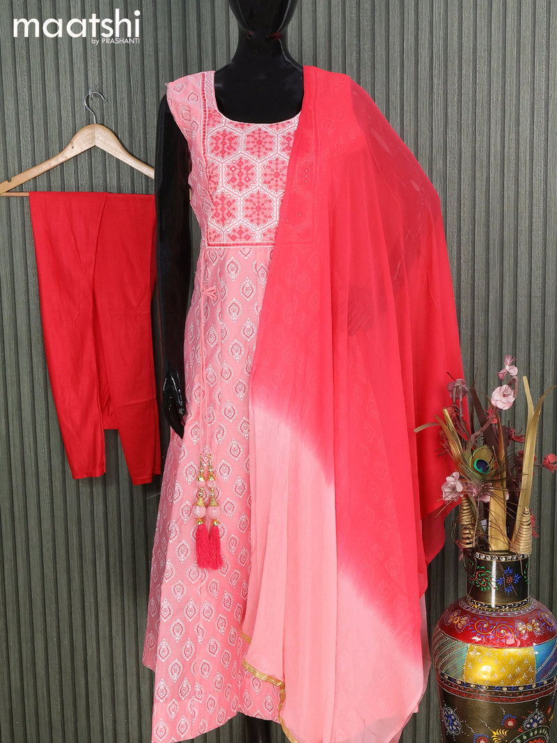 Raw silk readymade anarkali salwar suits light pink and reddish pink with allover prints & sequin work neck pattern and straight cut pant & chiffon dupatta- Sleeve attached