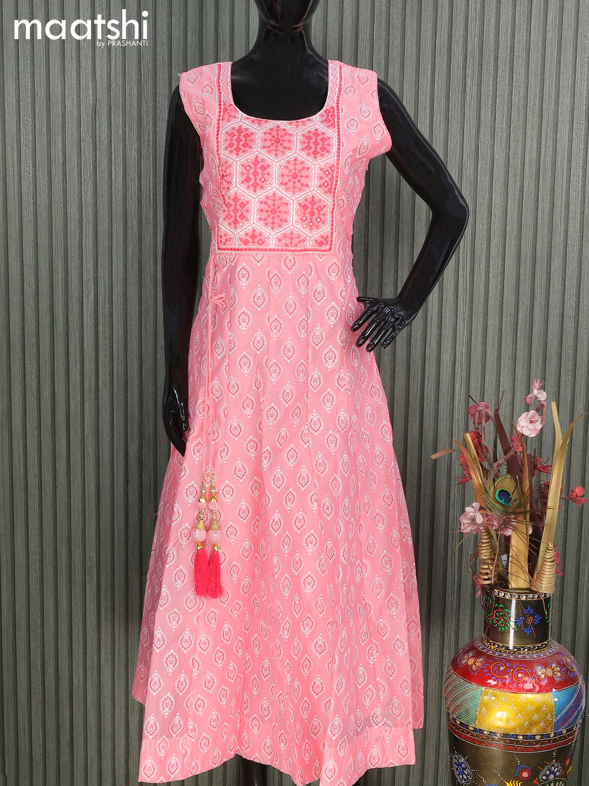 Raw silk readymade anarkali salwar suits light pink and reddish pink with allover prints & sequin work neck pattern and straight cut pant & chiffon dupatta- Sleeve attached