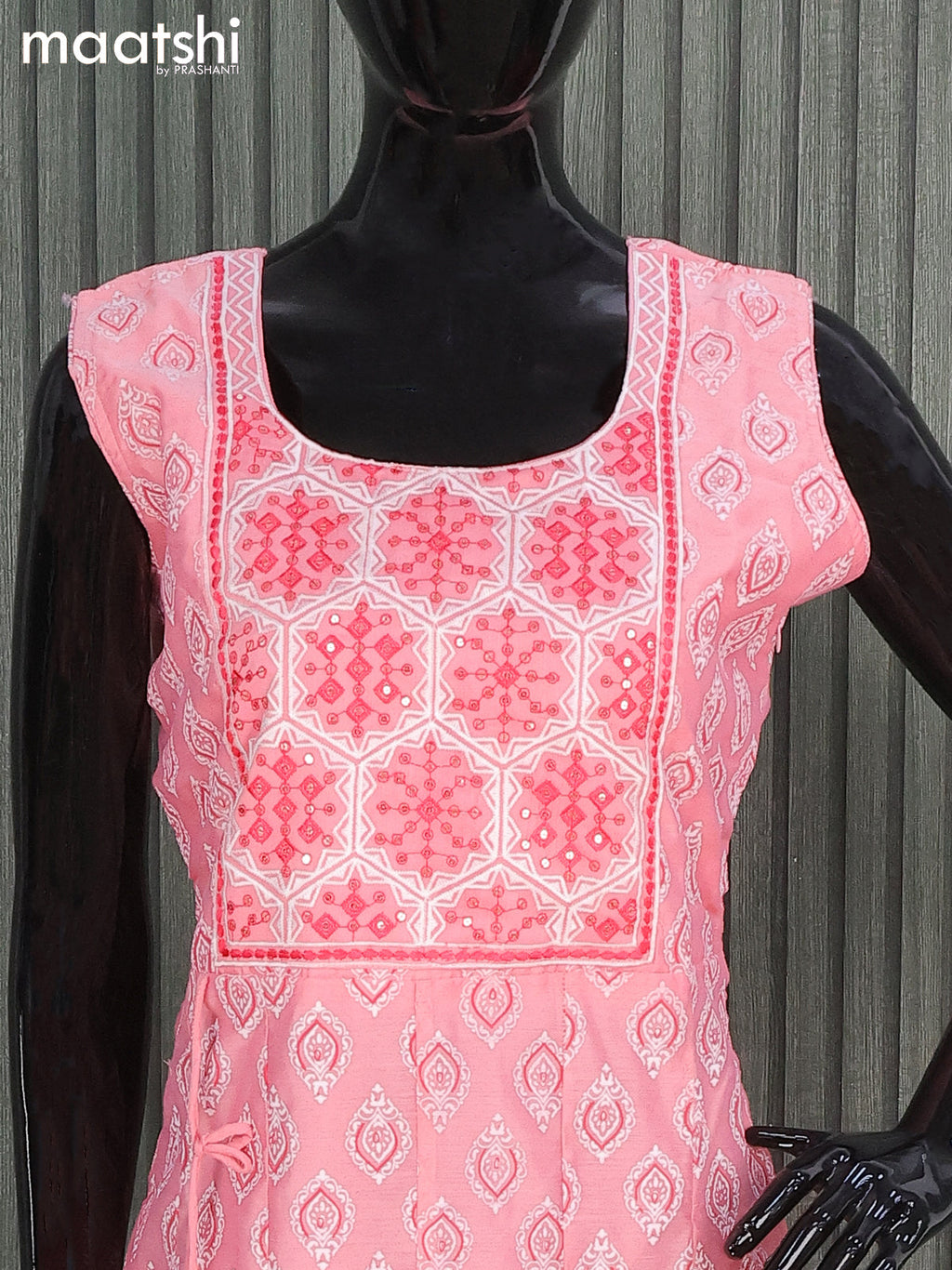 Raw silk readymade anarkali salwar suits light pink and reddish pink with allover prints & sequin work neck pattern and straight cut pant & chiffon dupatta- Sleeve attached