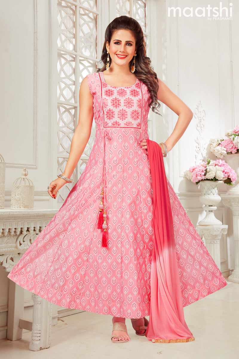 Raw silk readymade anarkali salwar suits light pink and reddish pink with allover prints & sequin work neck pattern and straight cut pant & chiffon dupatta- Sleeve attached