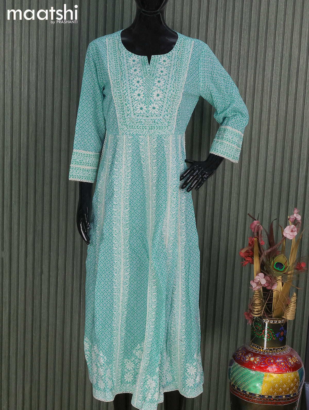 Cotton readymade salwar suits teal blue and with allover prints & beaded embroidery work neck pattern and palazzo pant & bandhani prints dupatta
