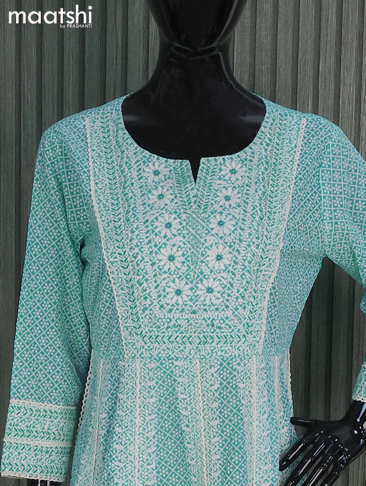 Cotton readymade salwar suits teal blue and with allover prints & beaded embroidery work neck pattern and palazzo pant & bandhani prints dupatta