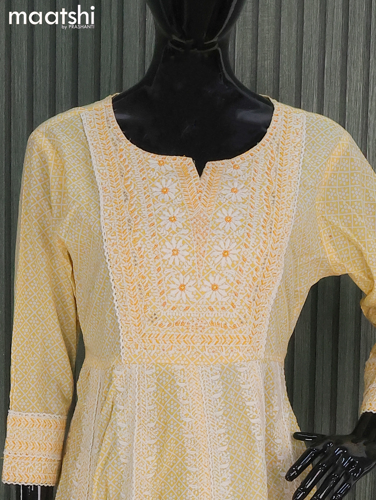 Cotton readymade salwar suits pale yellow and with allover prints & beaded embroidery work neck pattern and palazzo pant & bandhani prints dupatta