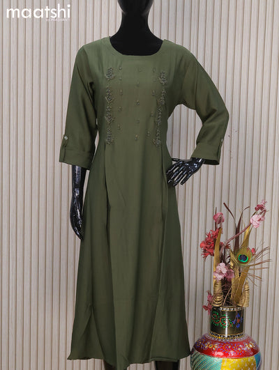 Rayon readymade A-line kurti sap green and with beaded embroidery work neck pattern and without pant
