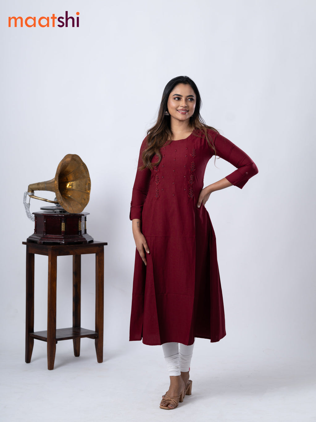 Rayon A-line kurti maroon and with beaded embroidery work neck pattern and without pant