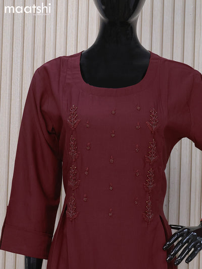 Rayon readymade A-line kurti maroon and with beaded embroidery work neck pattern and without pant