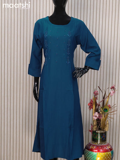 Rayon readymade A-line kurti peacock blue and with beaded embroidery work neck pattern and without pant