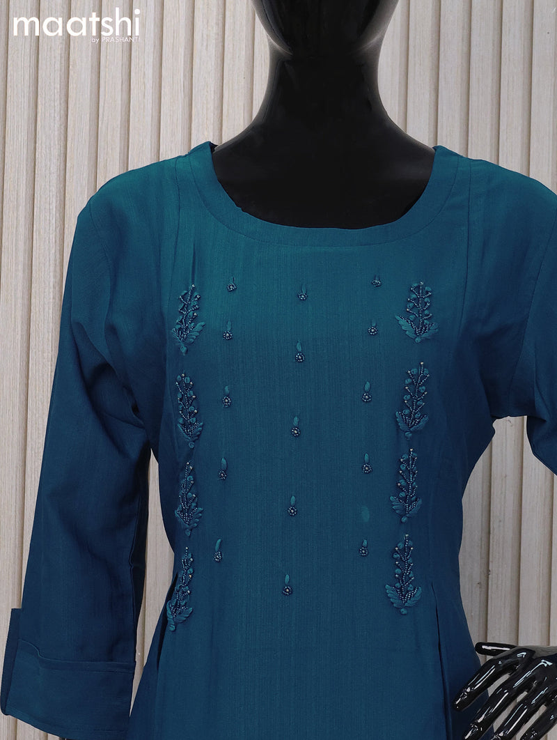 Rayon readymade A-line kurti peacock blue and with beaded embroidery work neck pattern and without pant