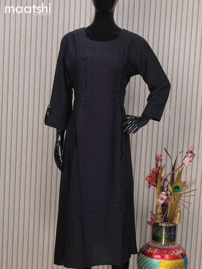 Rayon readymade A-line kurti black and with beaded embroidery work neck pattern and without pant