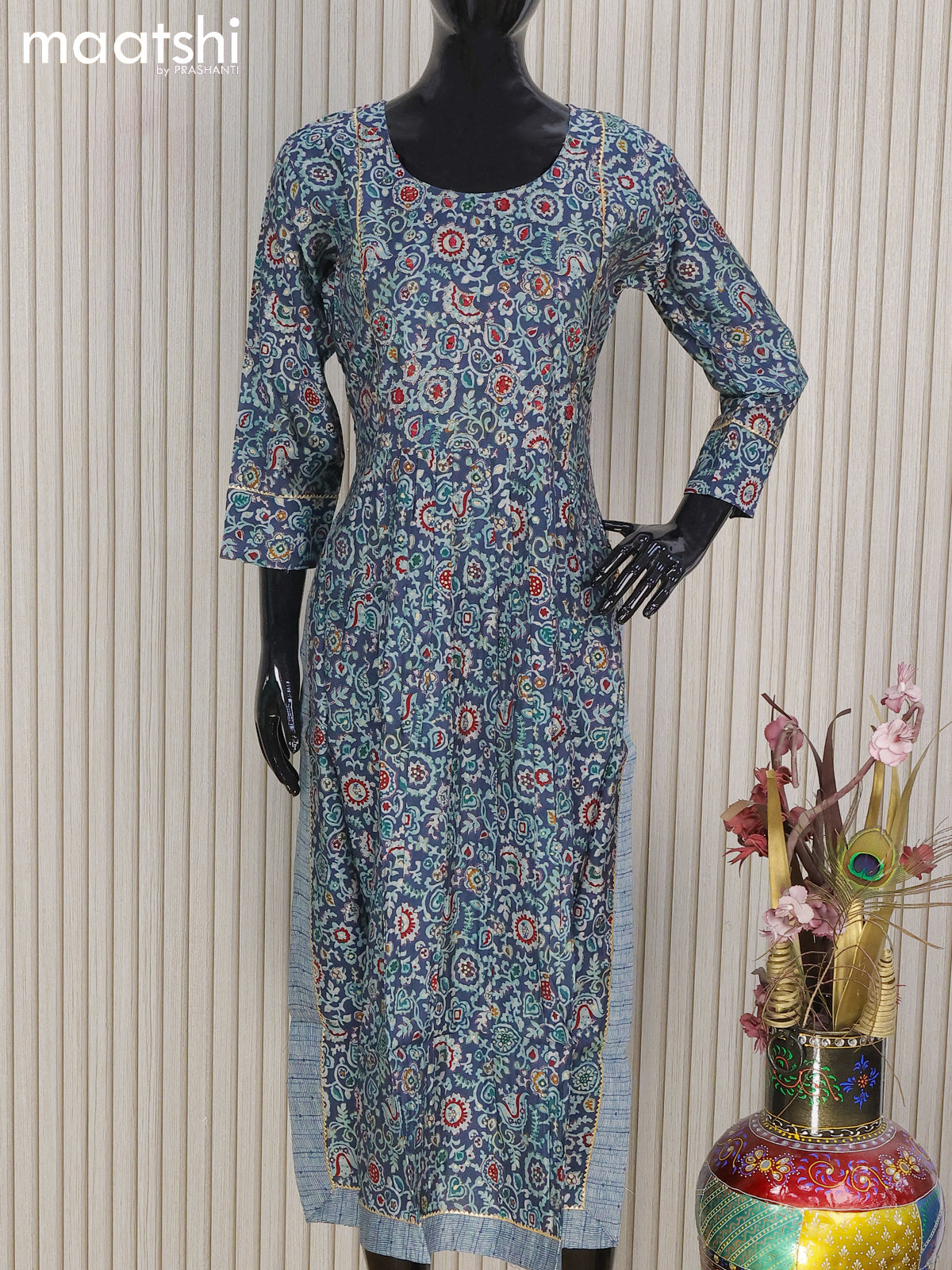 Modal readymade naira cut salwar suits blue and grey shade with allover prints & embroidery work gotapatti lace work neck pattern and straight cut pant & printed dupatta
