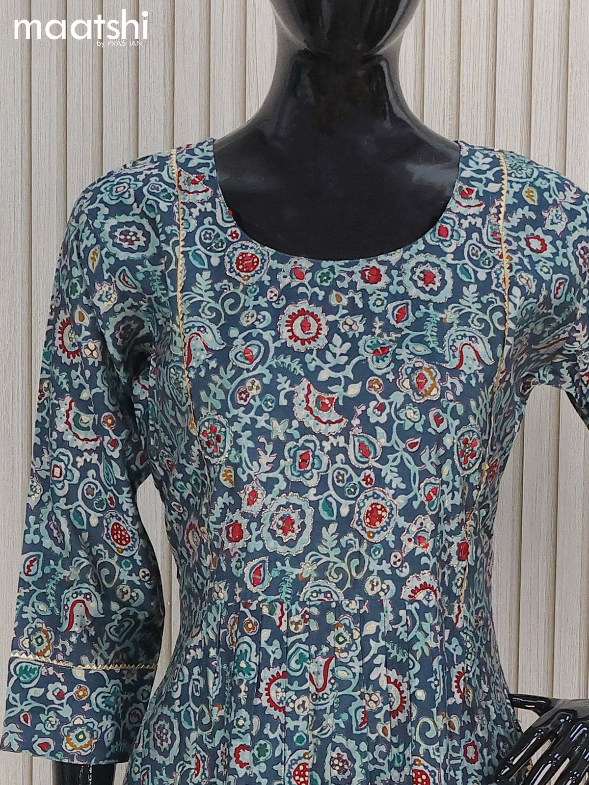 Modal readymade naira cut salwar suits blue and grey shade with allover prints & embroidery work gotapatti lace work neck pattern and straight cut pant & printed dupatta
