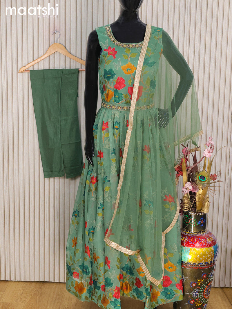 Chiffon readymade anarkali can can salwar suits pastel green and with allover floral prints & zardosi work neck pattern and straight cut pant & netted dupatta