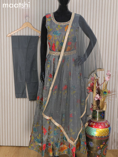 Chiffon readymade anarkali can can salwar suits grey and with allover floral prints & zardosi work neck pattern and straight cut pant & netted dupatta