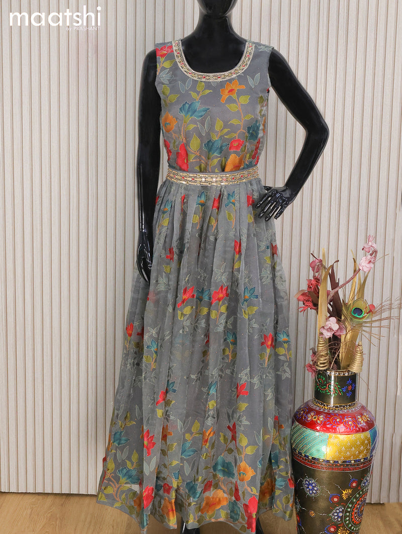 Chiffon readymade anarkali can can salwar suits grey and with allover floral prints & zardosi work neck pattern and straight cut pant & netted dupatta