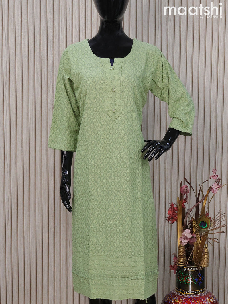 Soft cotton readymade kurti pastel green and with allover chikankari work & simple neck pattern and without pant