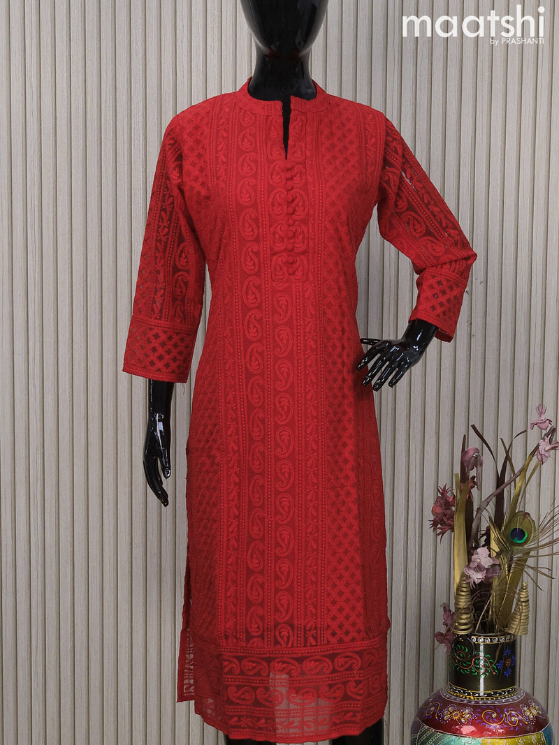 Red embroidered rayon chikankari-kurtis - DOLANE - 4061937