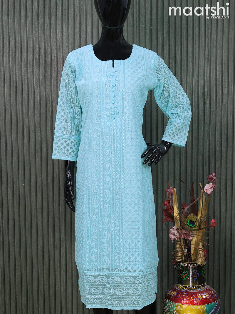 Semi georgette readymade kurti light blue and with allover chikankari work & simple neck pattern and without pant
