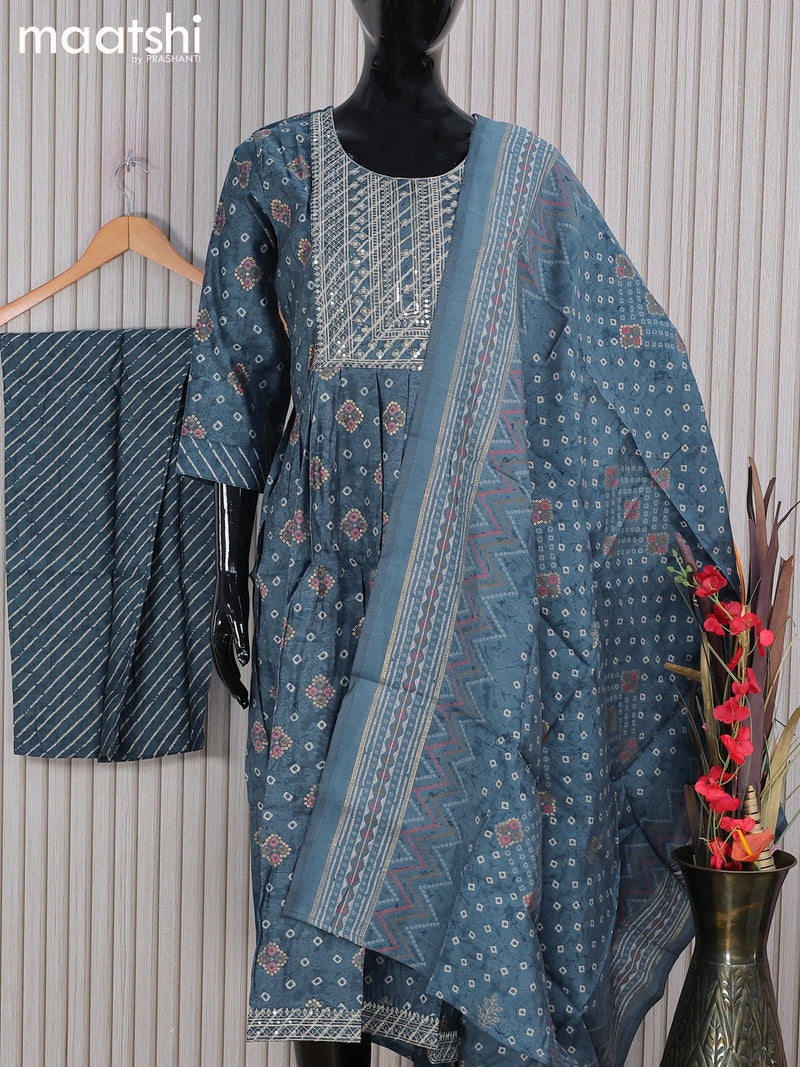 Muslin readymade naira cut salwar suits blue and with allover butta prints & sequin work neck pattern and straight cut pant & printed dupatta
